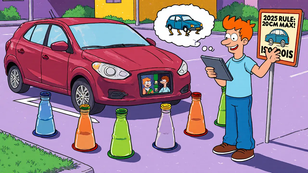 Водитель тренируется с пластиковыми бутылками как бордюрами в тихом дворе.