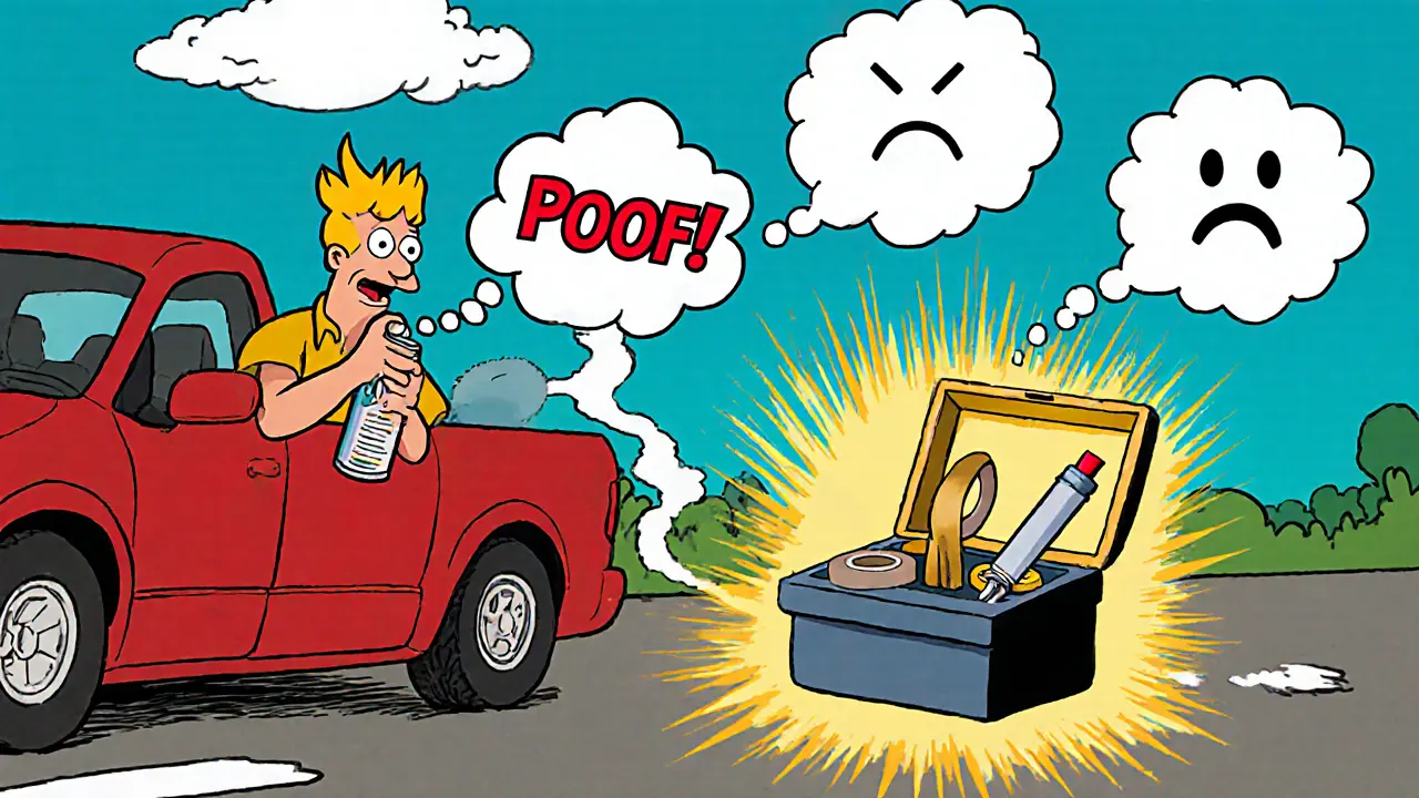 Водитель в бедствии с разбрызганным герметиком и сияющим набором правильных инструментов.