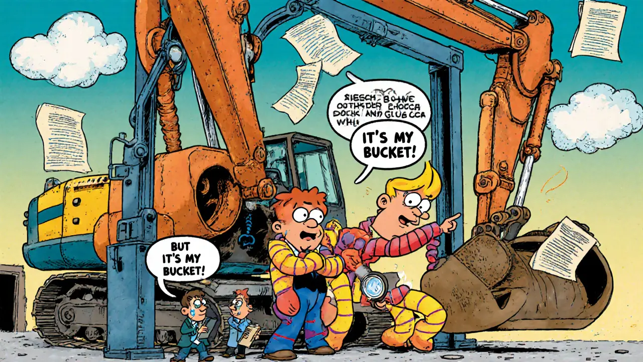 Экскаватор смотрит в ужасе на мелкую царапину, которую страховая не покрывает.