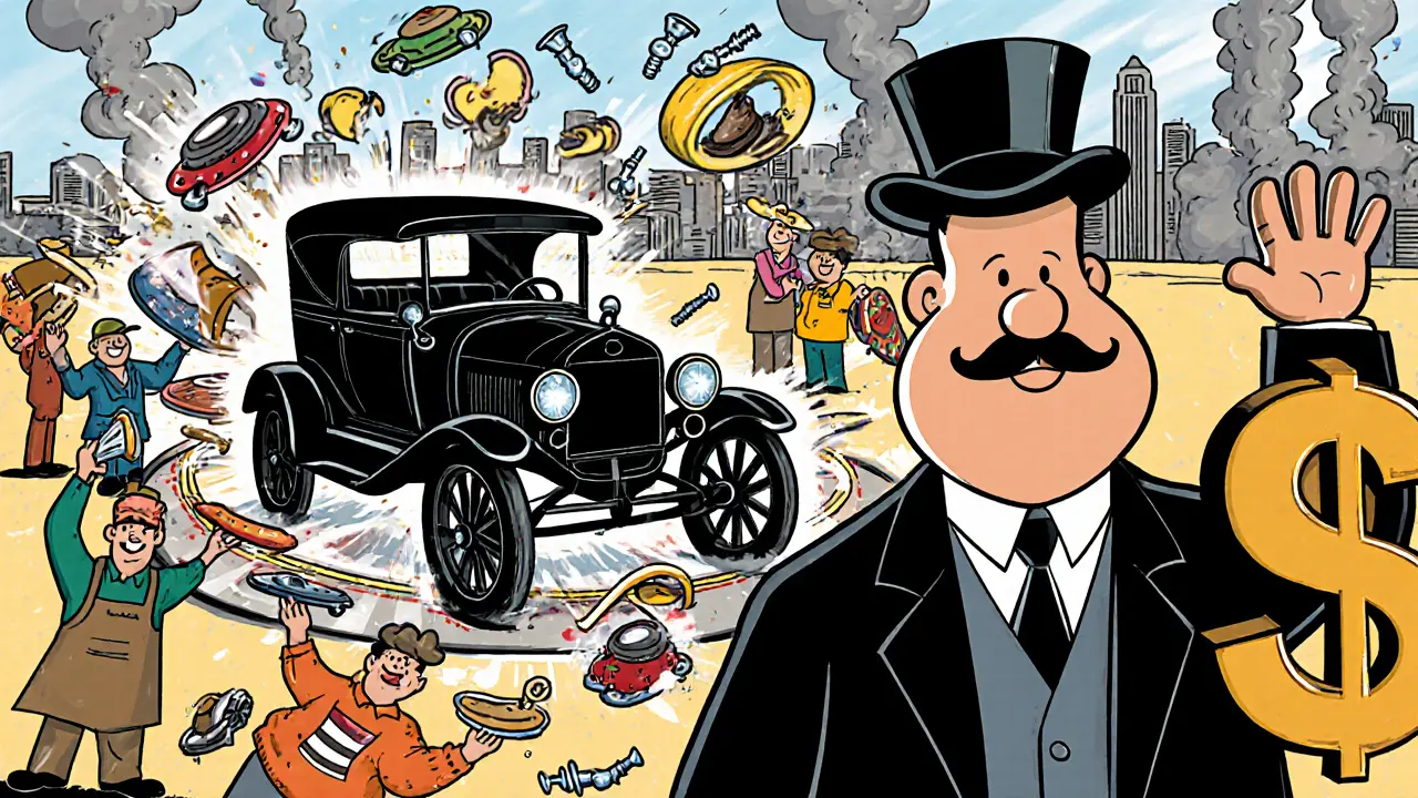 Генри Форд наблюдает за сборкой Model T на конвейере, детали летят в воздухе, рабочие весело работают.