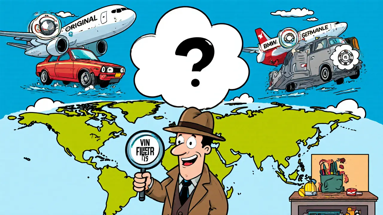 Глобальная карта с летящими деталями и детектив, разглядывающий VIN-код в мультяшном стиле.