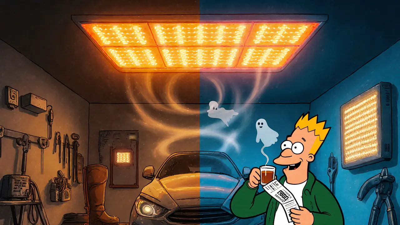 Инфракрасная панель на потолке греет машину и инструменты, холодный воздух беспомощно кружится внизу.