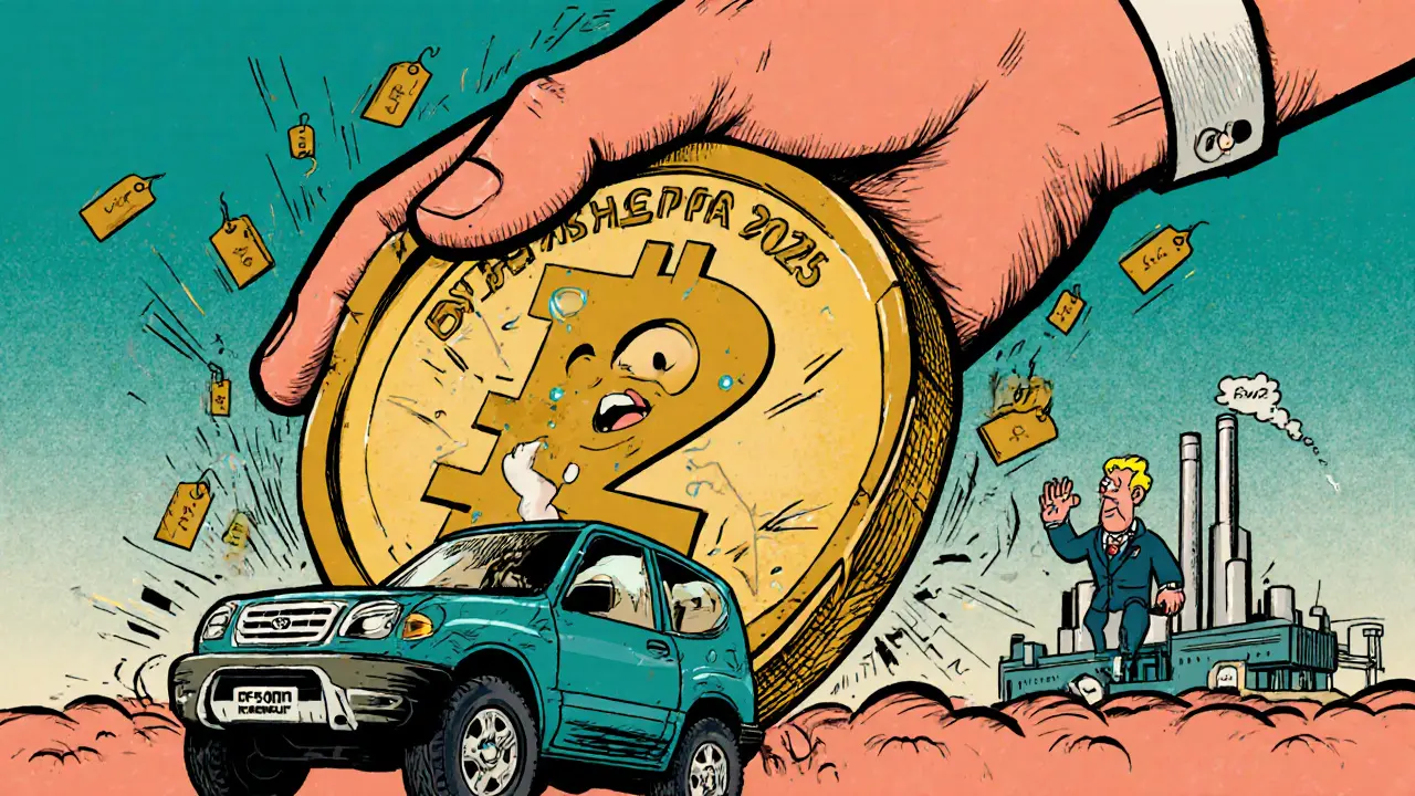 Комичная сцена: импортный RAV4 под давлением огромной монеты с надписью &#039;2 млн руб&#039;, пока локальный EV уезжает с улыбкой.