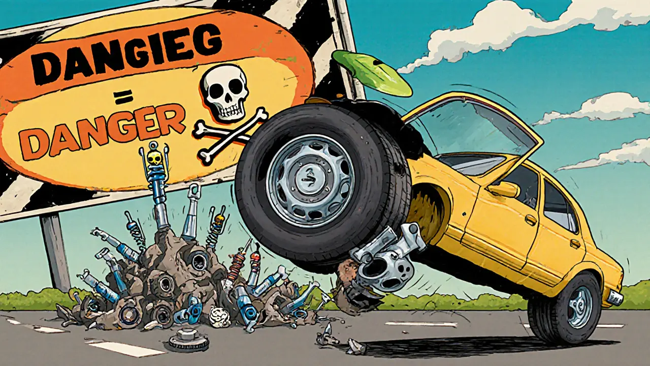 Машина теряет колесо на трассе, а за ней — кладбище сломанных деталей подпись: &#039;5мм = ОПАСНО&#039;.