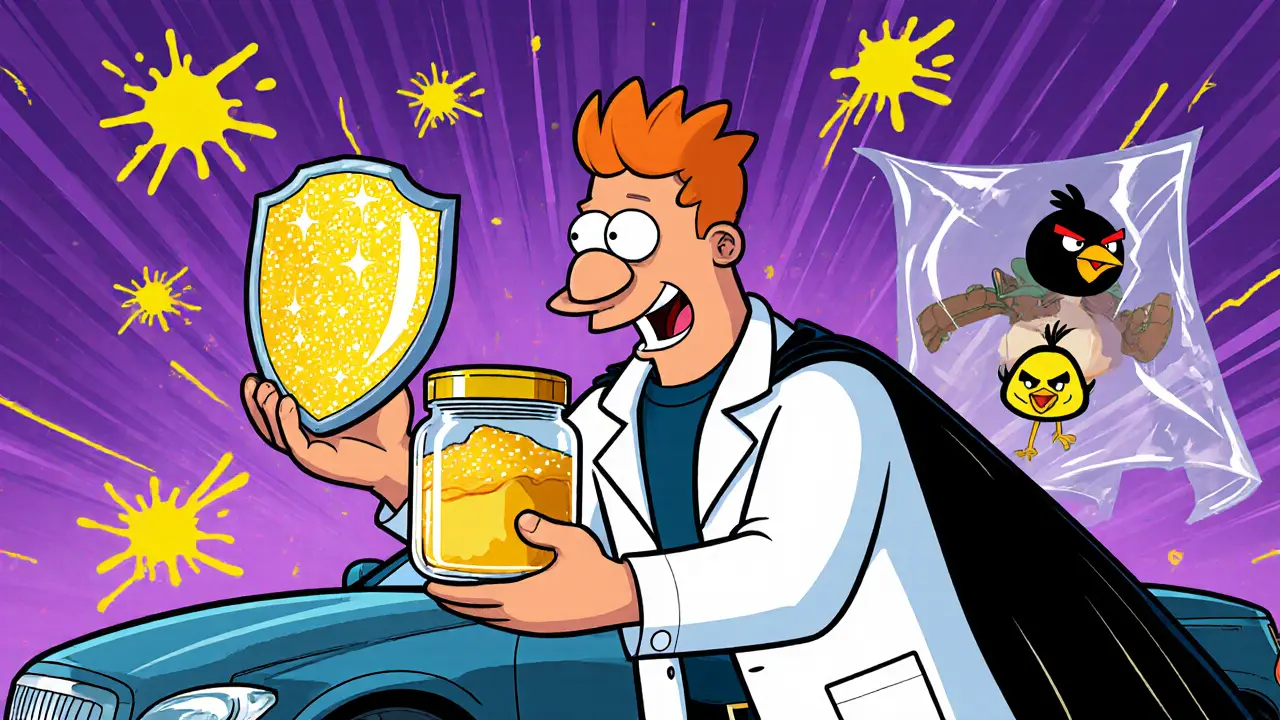 Механик показывает три вида защиты автомобиля: керамику, воск и плёнку.