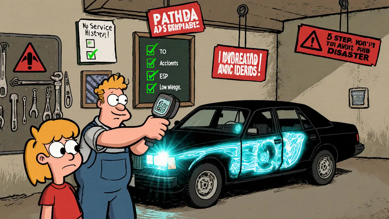 Механик проверяет машину по VIN, вокруг — предупреждающие знаки и чек-лист в мультяшной стилистике.