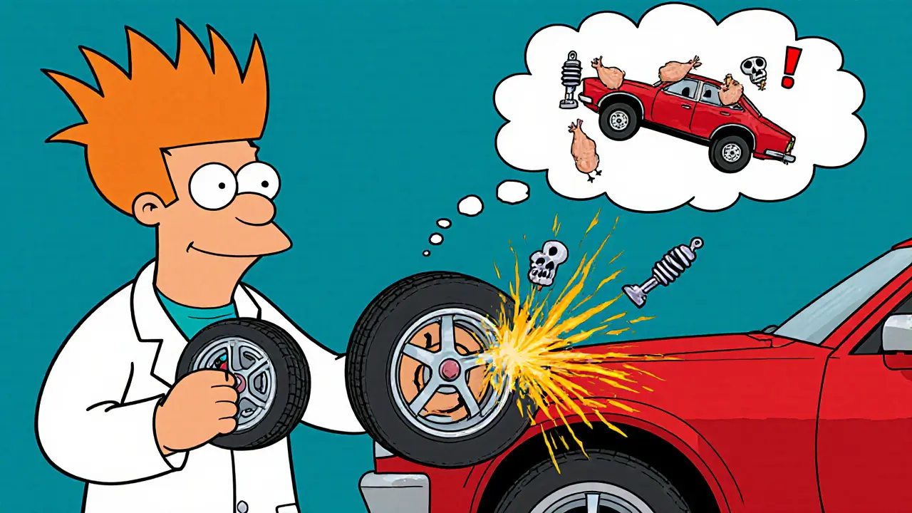 Механик сравнивает два колеса: одно бьёт по арке, другое — в порядке, на фоне качающейся машины.