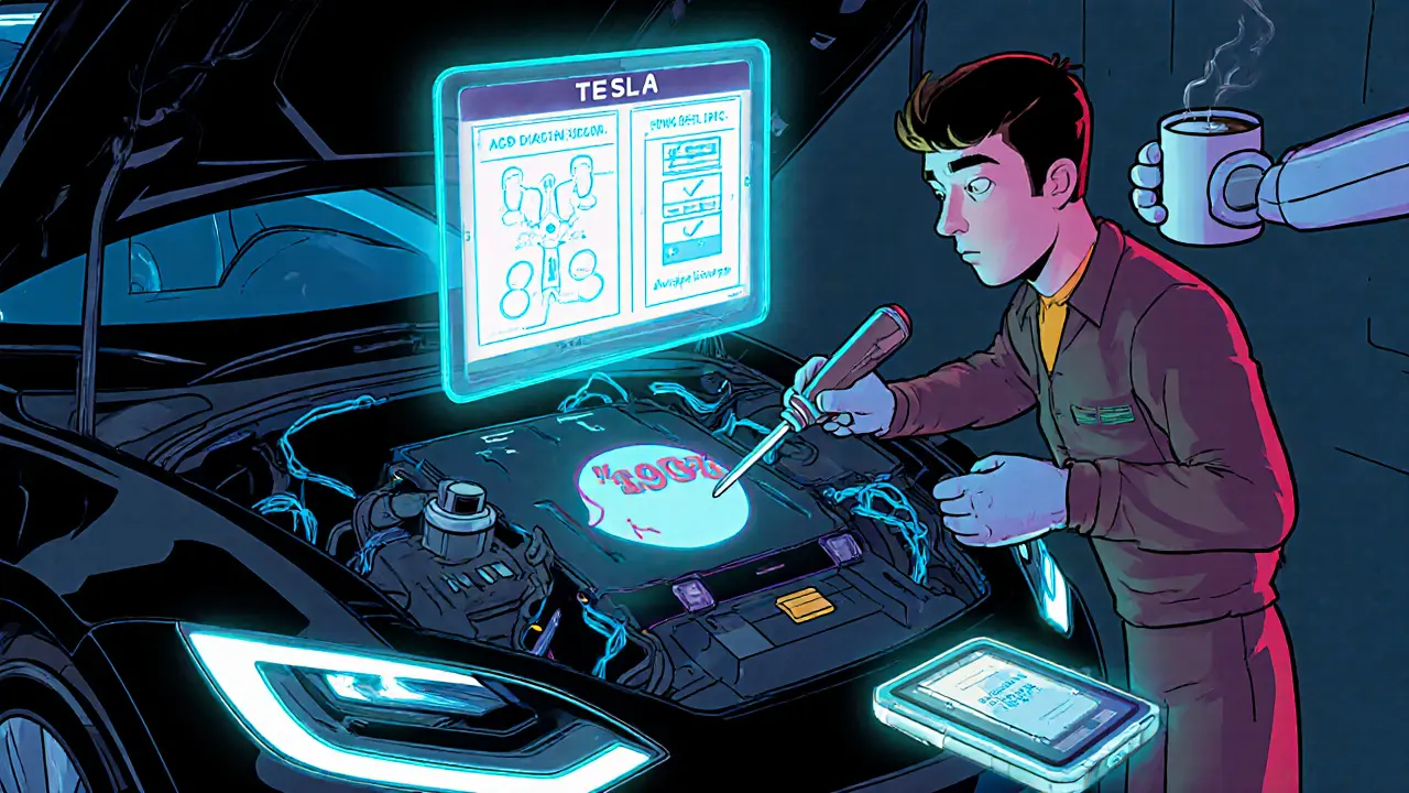 Механик в изолированных перчатках ремонтирует электромобиль с помощью AR-инструкции и умного кейса с RFID-метками.