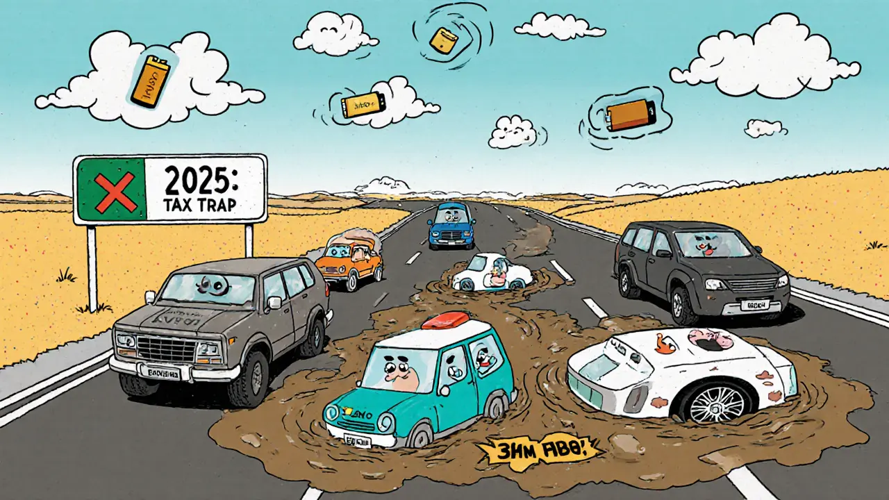 На дороге счастливые маленькие электромобили едут мимо застрявших в &#039;налоговой ловушке&#039; больших внедорожников, вдалеке — знак о 25% электромобилях к 2030.