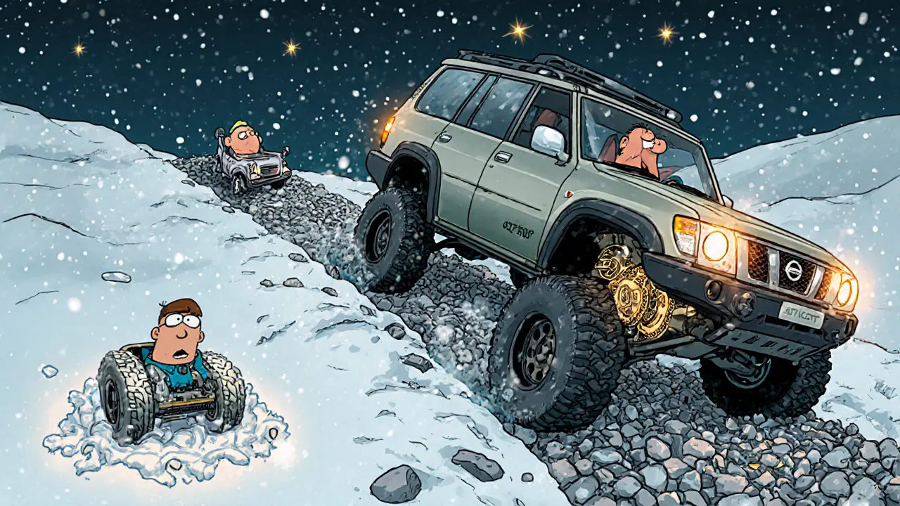 Ниссан Патруль преодолевает ледяной склон, другие кроссоверы застряли в снегу.