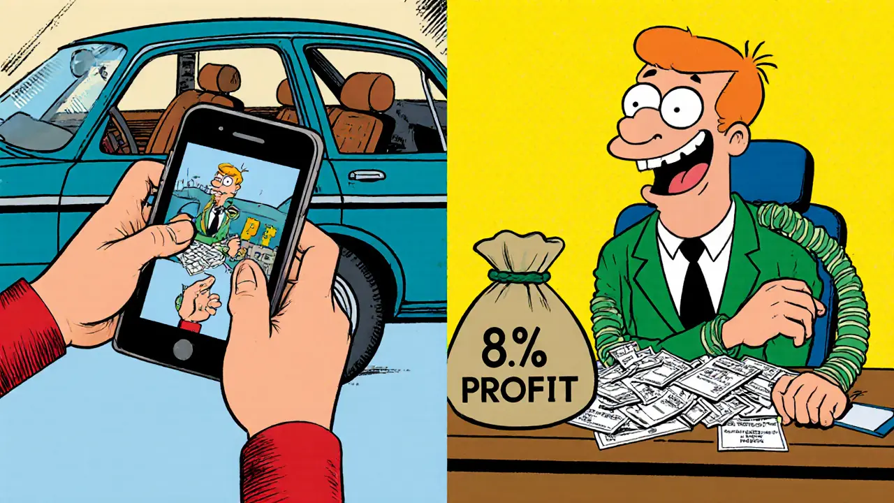 Пользователь фотографирует машину, а оператор тайно считает деньги на фоне штрафных чеков.