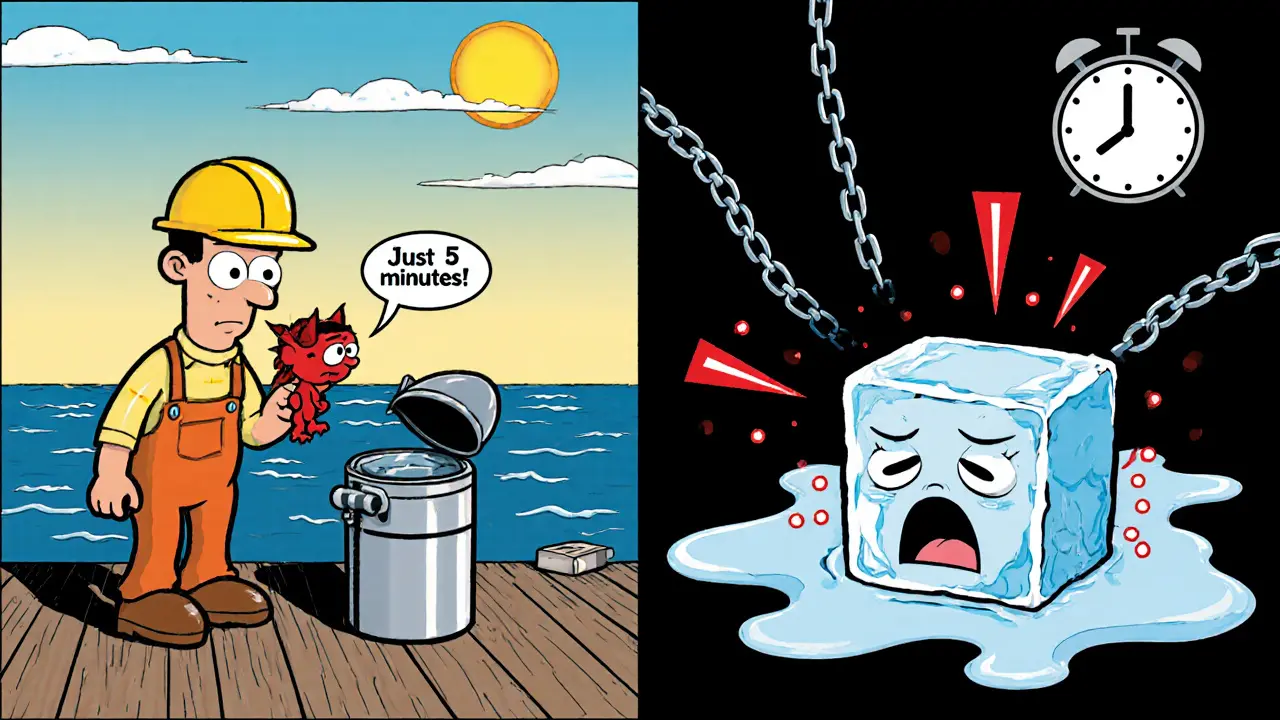 Работник оставляет термоконтейнер открытым — внутри плачет тающий ледяной кубик, а датчики сигнализируют об опасности.