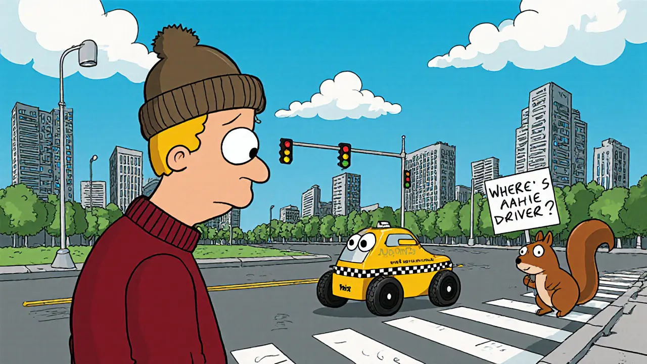 Роботакси в парке с неоновыми светофорами и удивлённым пешеходом.