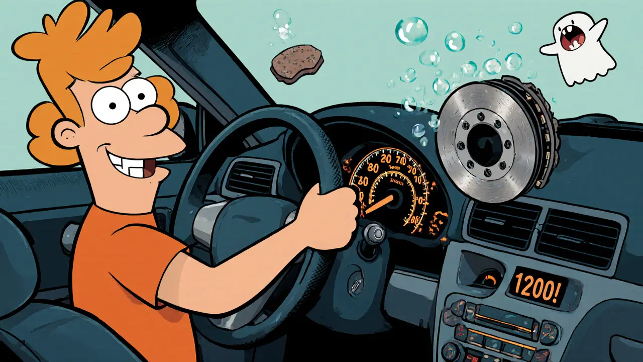 Рука переключает рычаг коробки передач, тахометр показывает 1200 об/мин, тормоза парят в виде призрака.