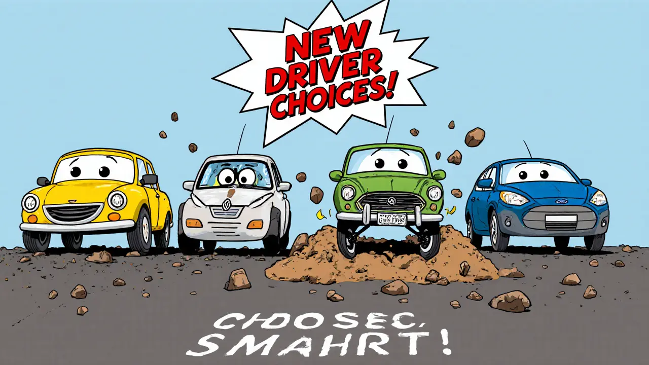 Сравнение четырёх автомобилей для новичков в ярком мультяшном стиле с характерными лицами.