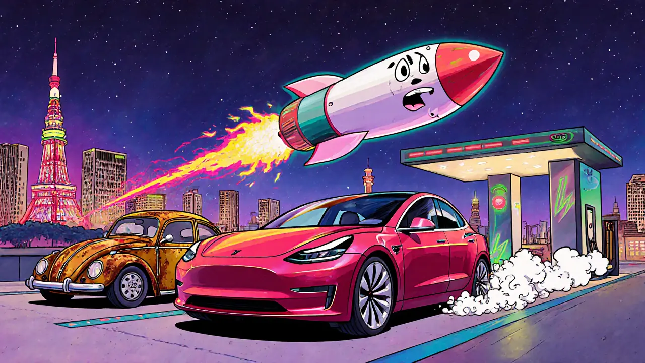 Tesla Model 3 обгоняет старые автомобили, за ним — зарядная станция и космическая батарея в небе.