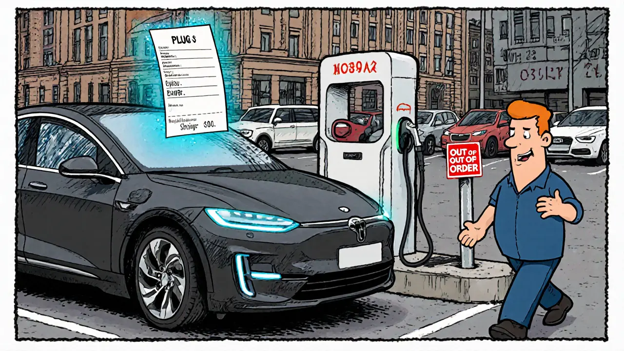 Умная зарядная станция в Москве автоматически заряжает машину, рядом — сломанная станция с красной табличкой.