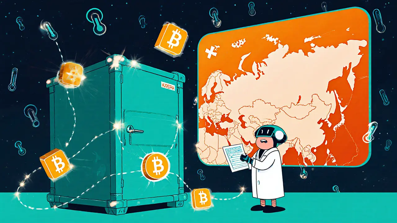 Умный контейнер с IoT-светом и блокчейн-цепью, робот передаёт лог температуры фармацевту, карта России светится безопасными маршрутами.