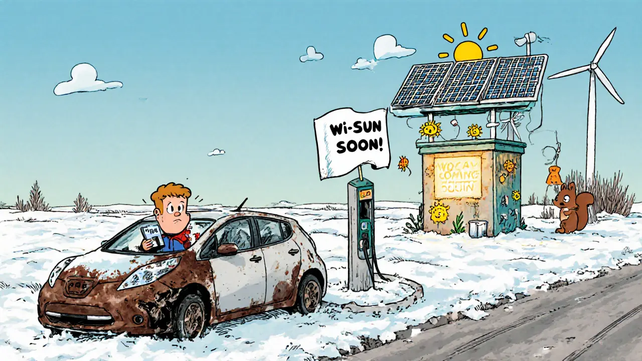 В сибирской глубинке электромобиль стоит у сломанной зарядки, а вдалеке — солнечная станция будущего.