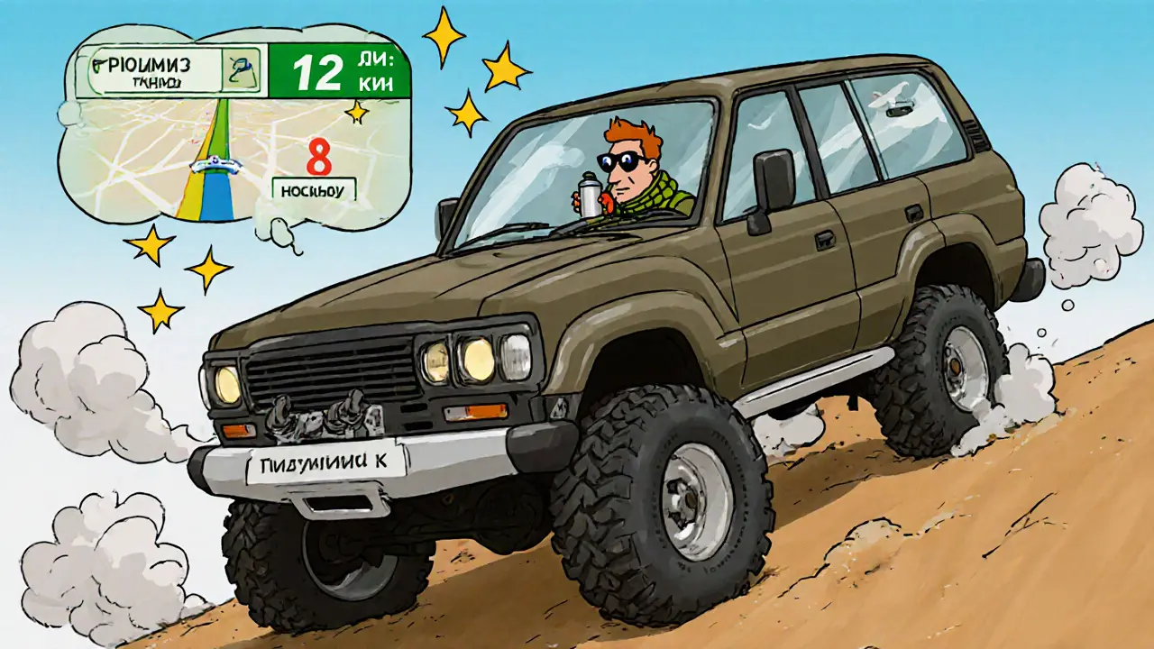 Внедорожник медленно едет в первой передаче по крутому спуску, водитель пьёт чай, на экране — &#039;Тормоза холодные&#039;.