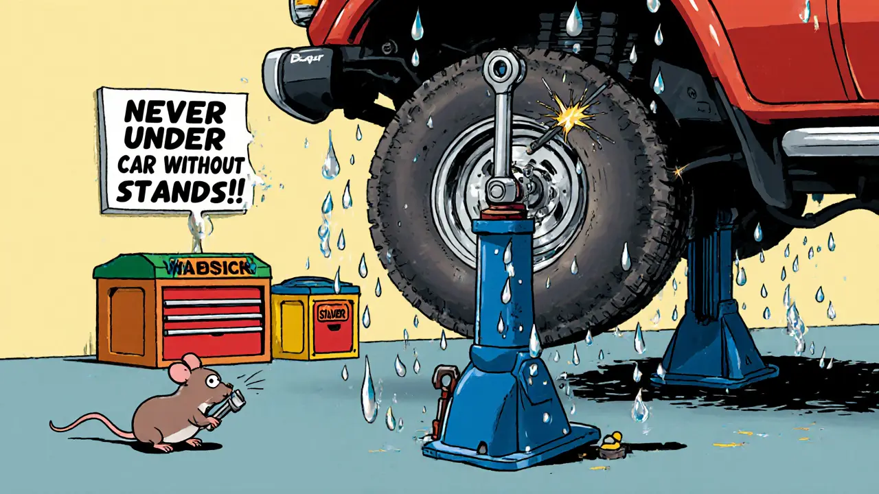 Внедорожник на домкратах, механик откручивает колесо большим ключом, рядом — надпись о безопасности и сломанный дешевый инструмент.