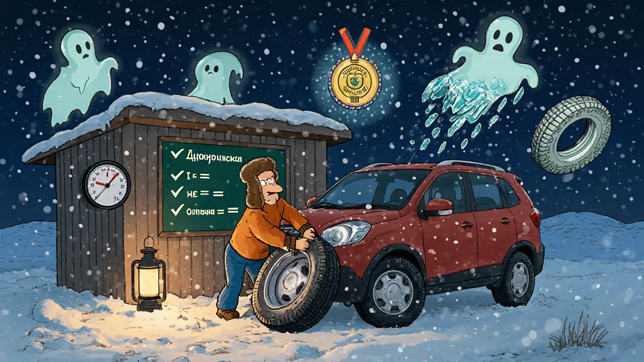 Водитель устанавливает шипованные шины на морозе, рядом — разрушающиеся летние шины.