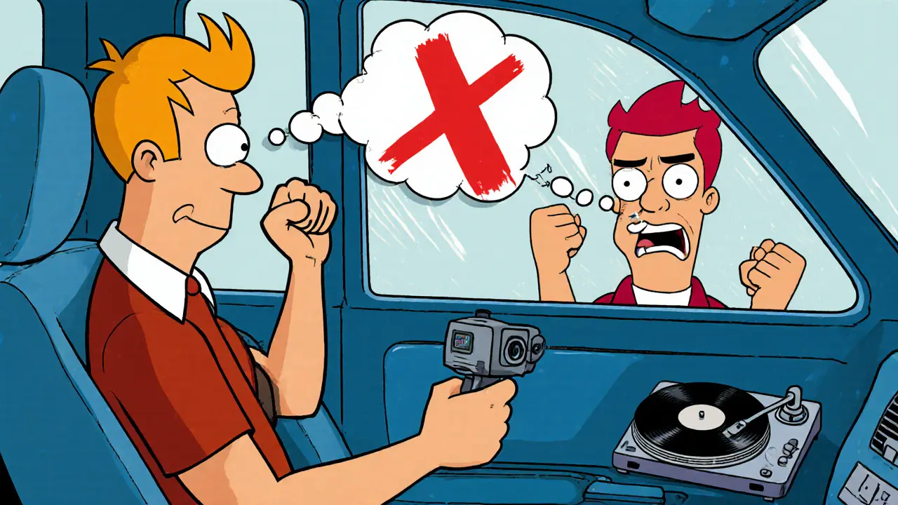 Водитель записывает агрессора через камеру, а тот замер в неловкости.