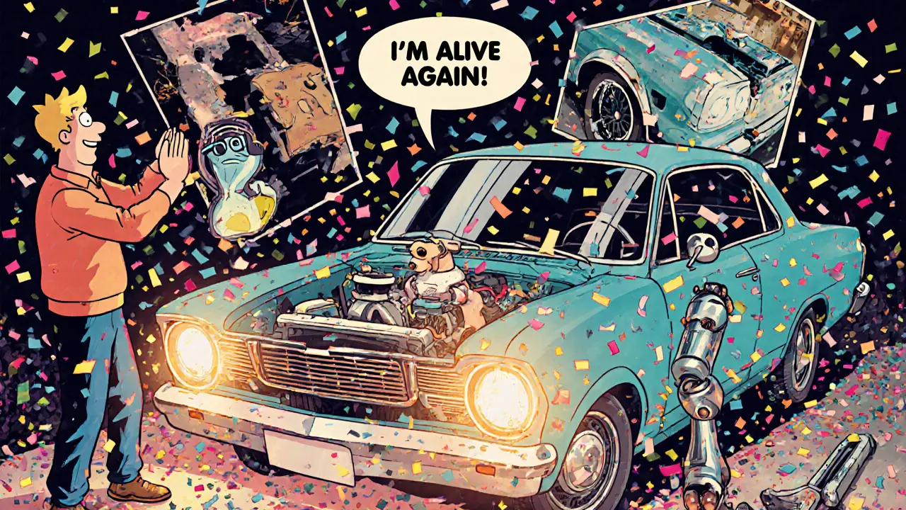 Восстановленный классический автомобиль с горящим двигателем, хозяин поздравляет робота-механика.