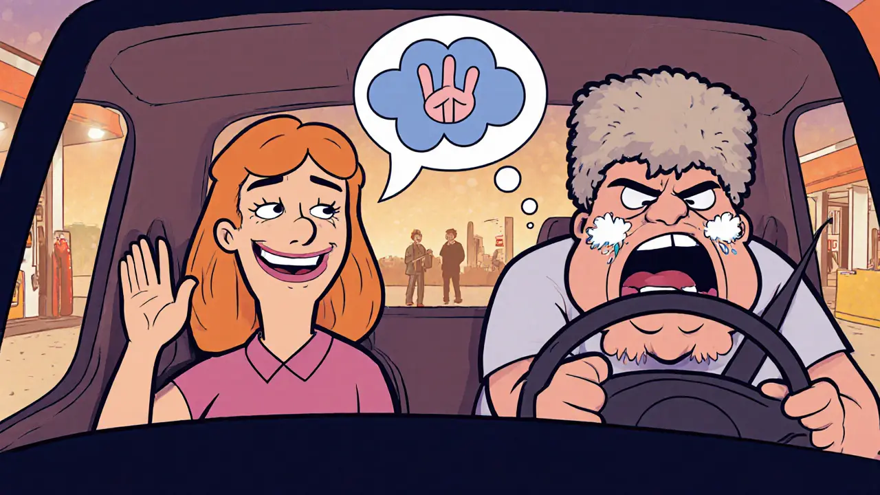 Женщина улыбается и машет агрессивному водителю, который внезапно успокаивается.