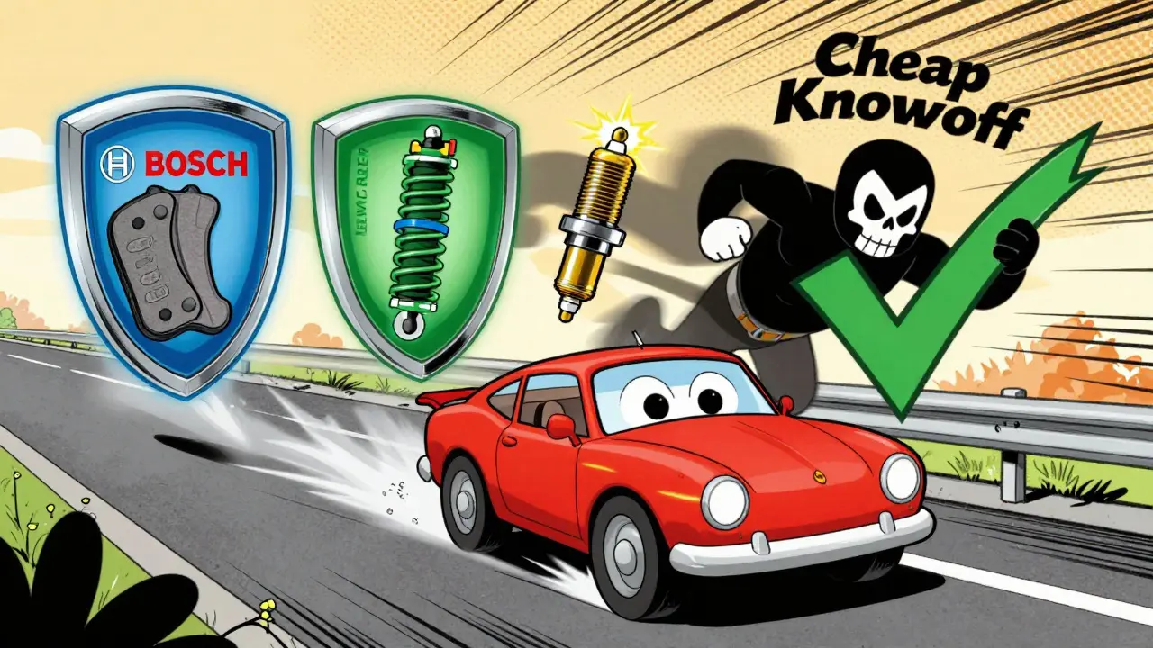 Автомобиль с защитными запчастями BOSCH, LEMFÖRDER и NGK едет по дороге, отталкивая поддельную деталь.