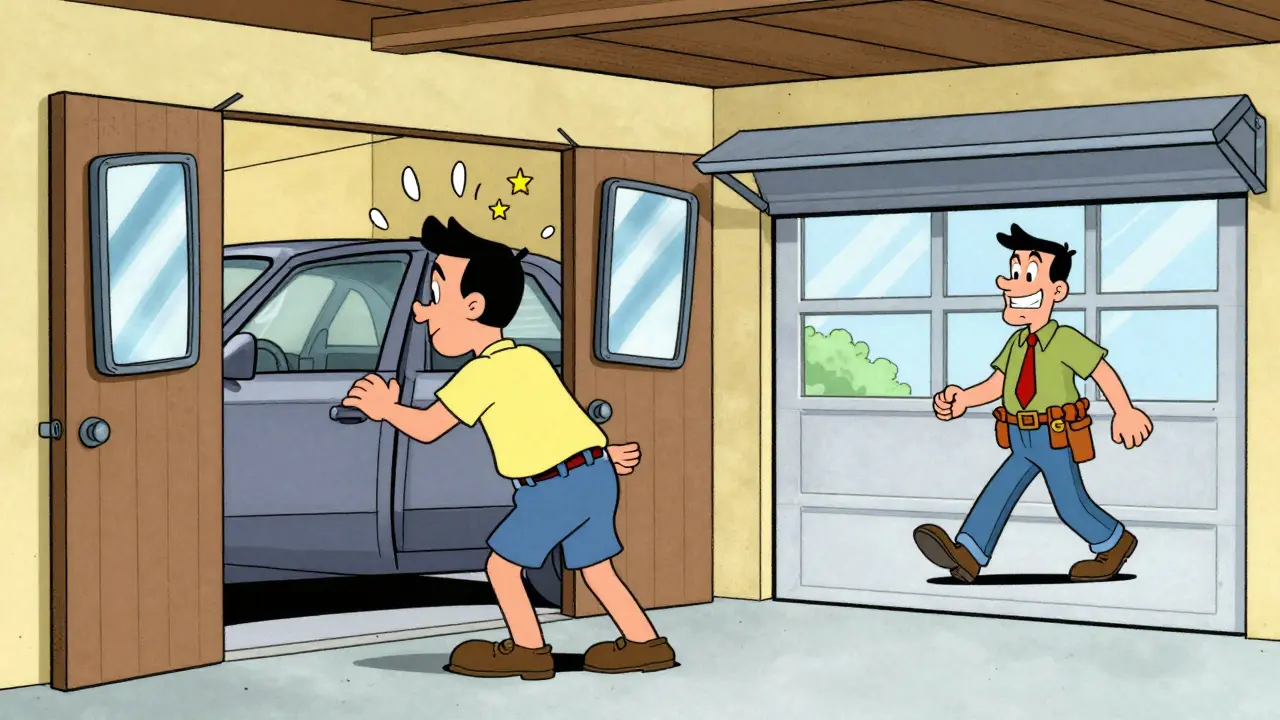 Человек в тесном гараже пытается открыть дверь, зеркала согнуты, вокруг него летят звезды.