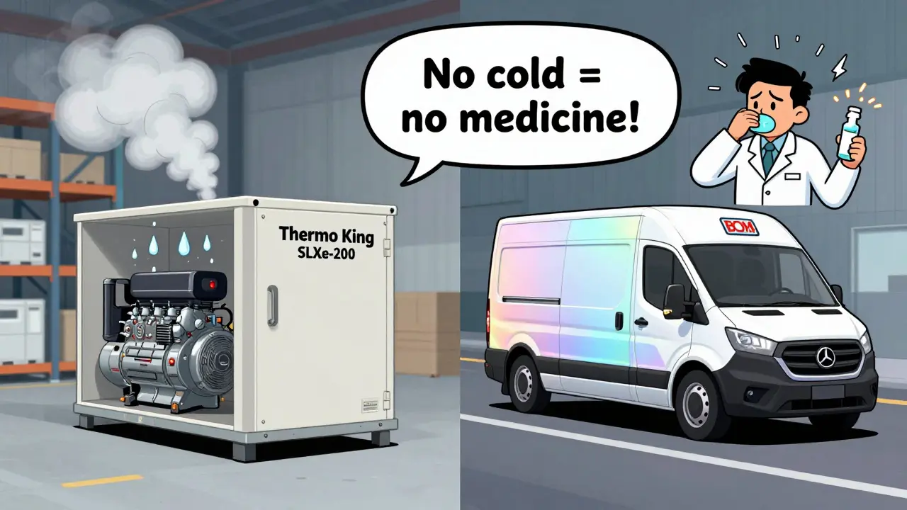 Два типа холодильных установок: шумная автономная на складе и тихая приводная, но груз тает при остановке.