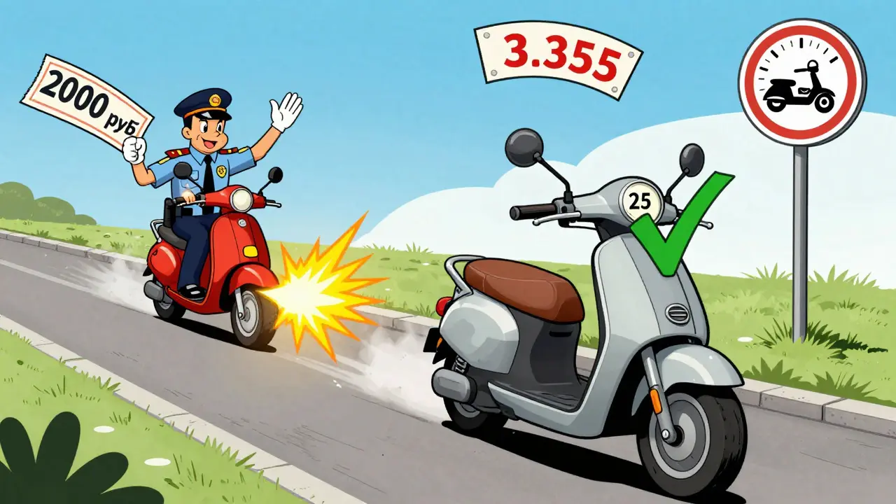 Электросамокат едет по тротуару со скоростью 25 км/ч с зеленой галочкой, другой — с нарушением и штрафом, на заднем плане знак запрета.