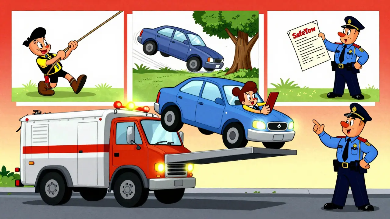 Эвакуатор поднимает машину с АКПП, на фоне неудачных попыток буксировки.