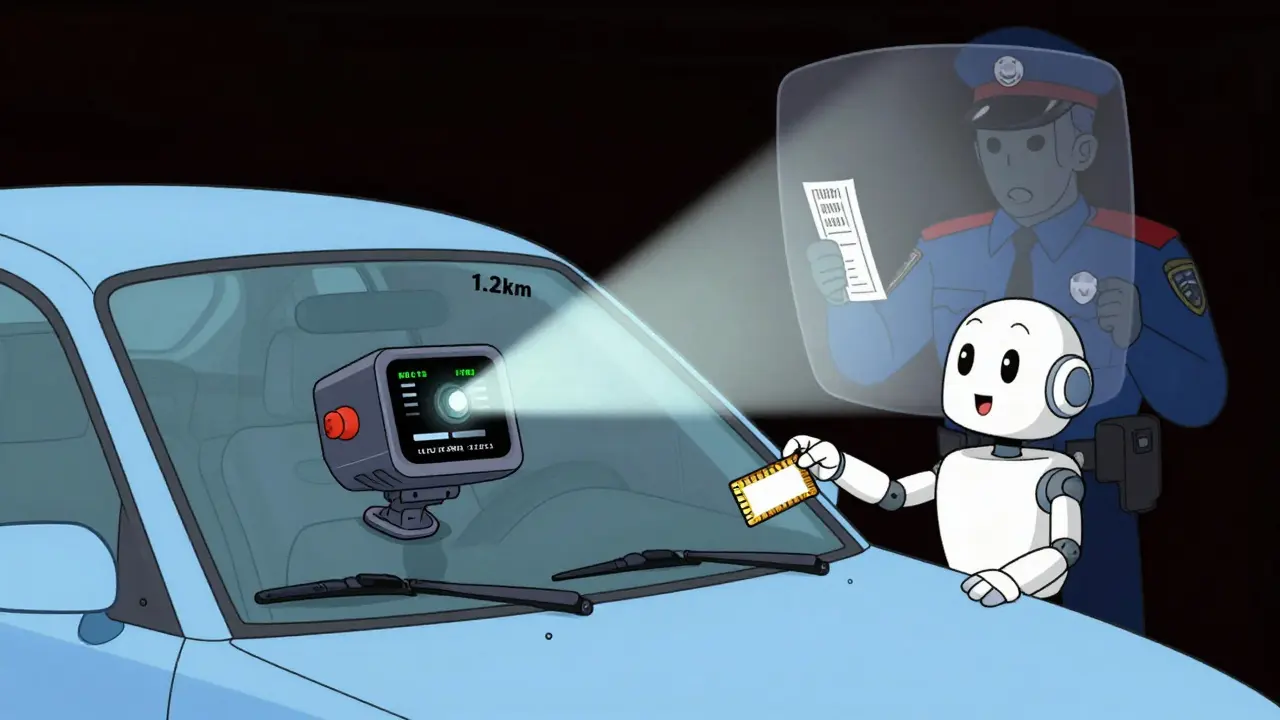 Футуристический регистратор с радаром защищает машину от штрафа, а робот-помощник вставляет карту памяти.