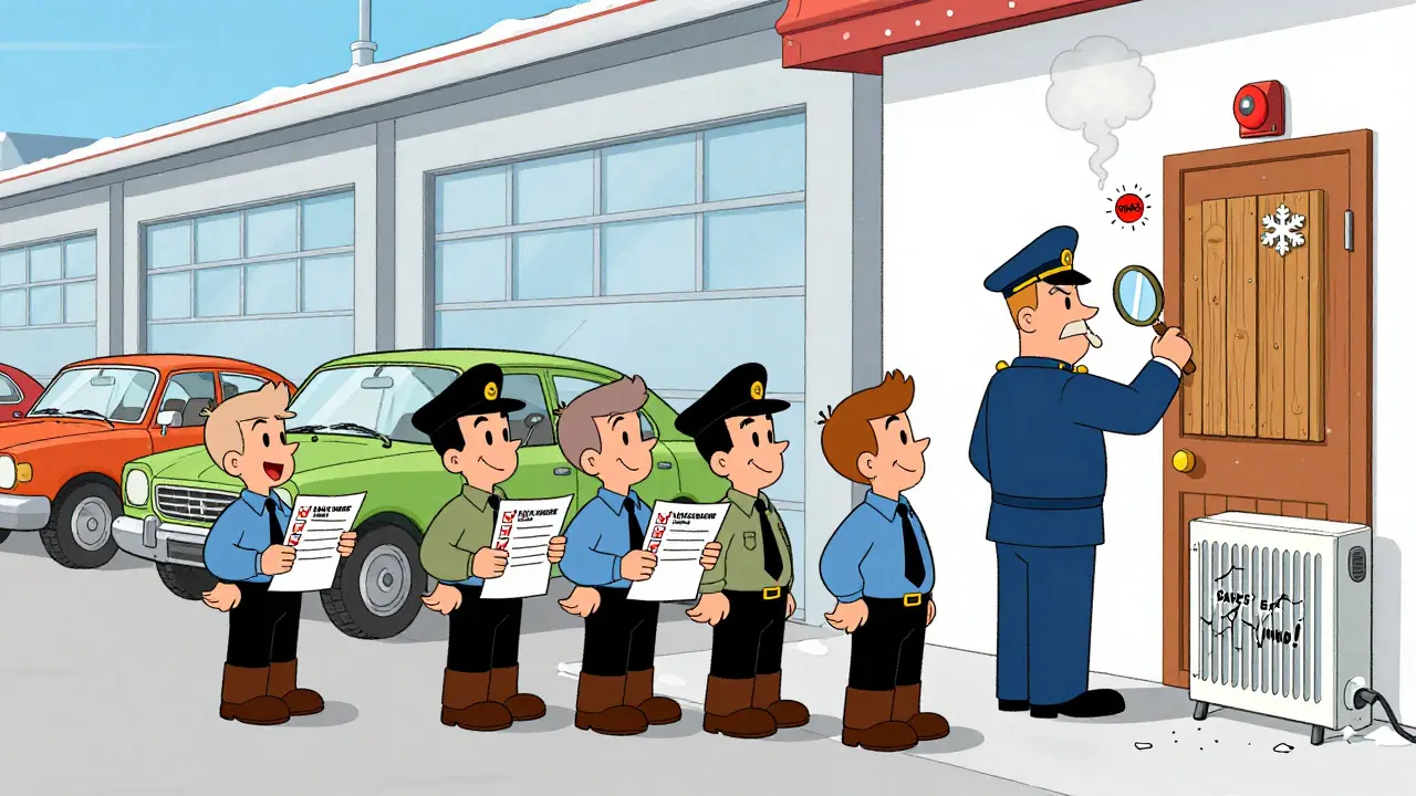 Группа водителей проверяет гаражи с инспектором, зимой рядом с запрещённым обогревателем.