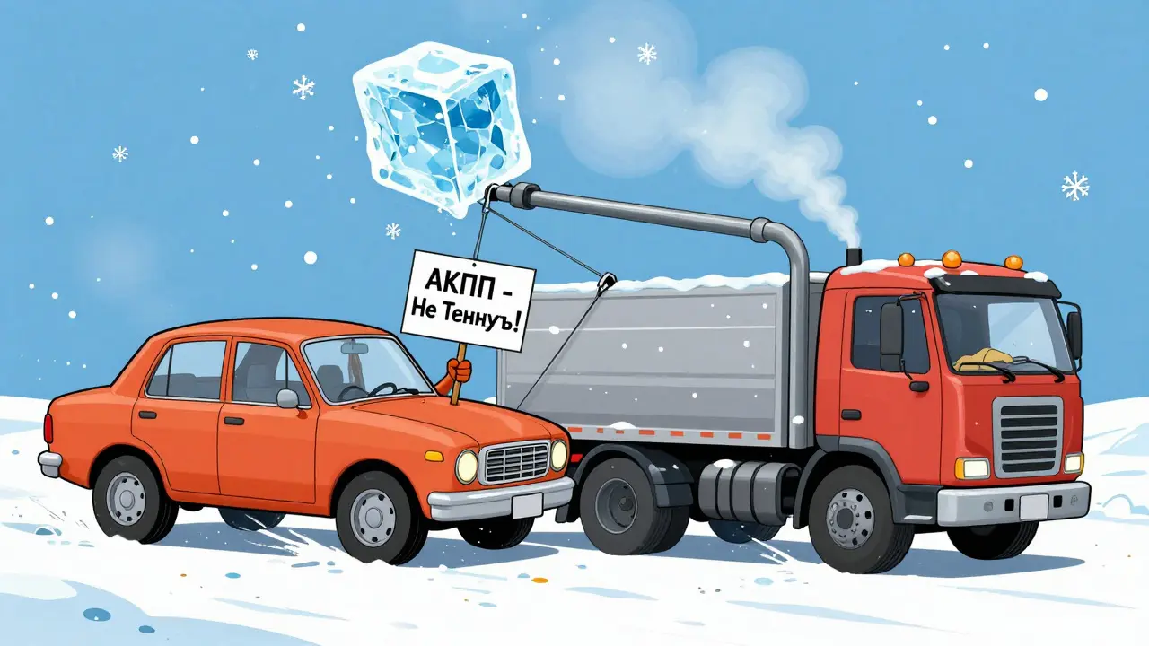 Грузовик буксирует авто жесткой сцепкой зимой, снег и предупреждение на знаке.