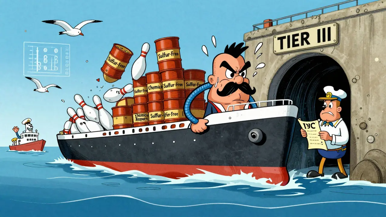 Грузовое судно с лицом дизельного двигателя, пытается пройти через портал TIER III в мультяшном стиле.