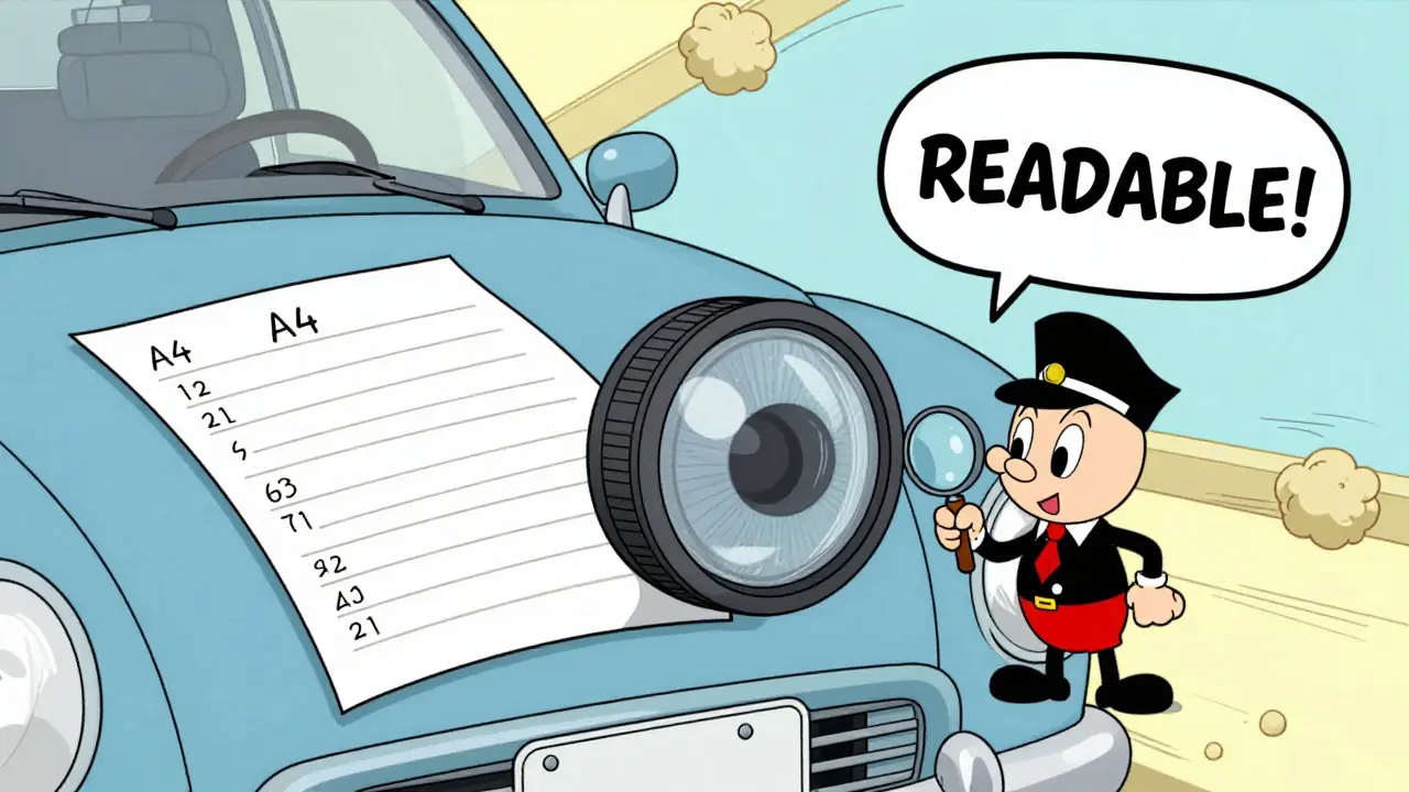 Крупный план номера машины с листом А4 и отражением в зеркале, снятый в мультяшном стиле.