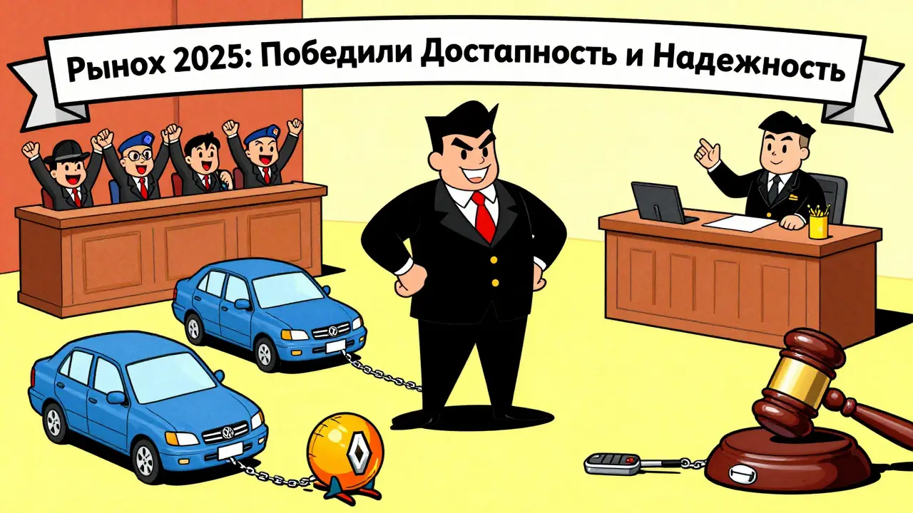 Lada Granta побеждает в суде над западными брендами в мультяшной сцене в стиле Ханна-Барбера.