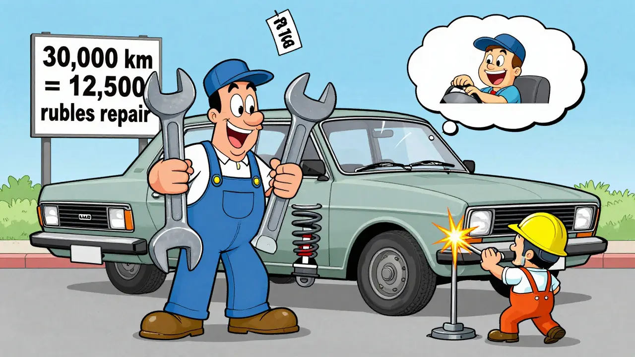 Лада Веста НГ с выскакивающей пружиной и стучащим стабилизатором, механик с гаечным ключом.