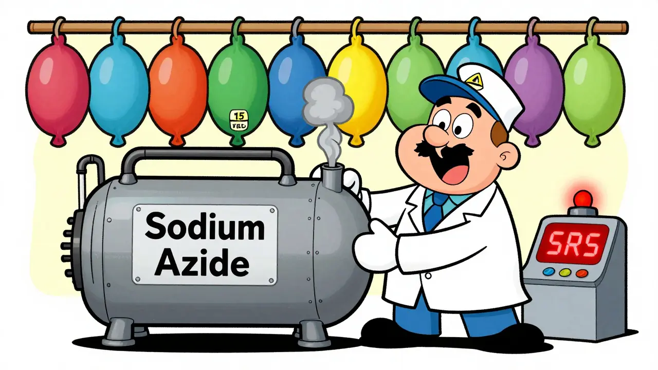 Механик держит дымящийся газогенератор, на приборной панели горит предупреждение SRS.