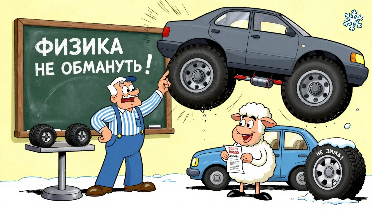 Механик объясняет на доске, почему большие колеса вредят машине, водитель с грустным видом.