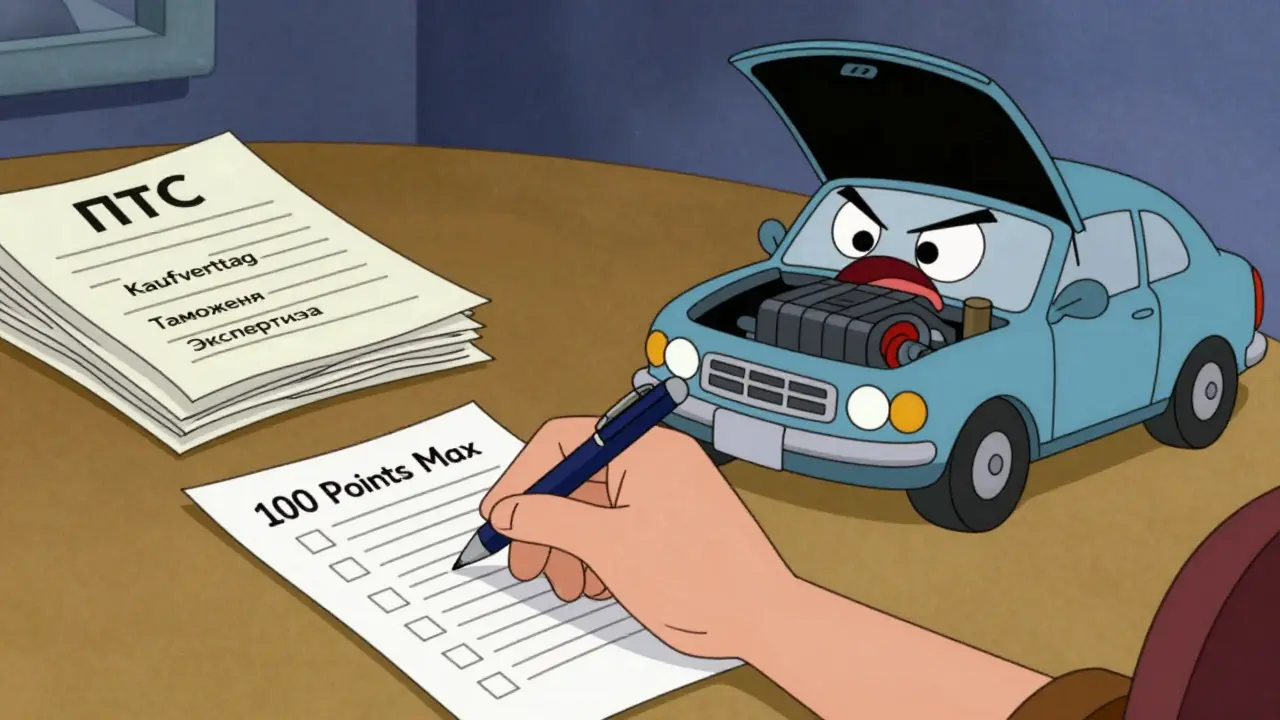 На столе разложены документы и чек-лист для экспертизы классического авто.