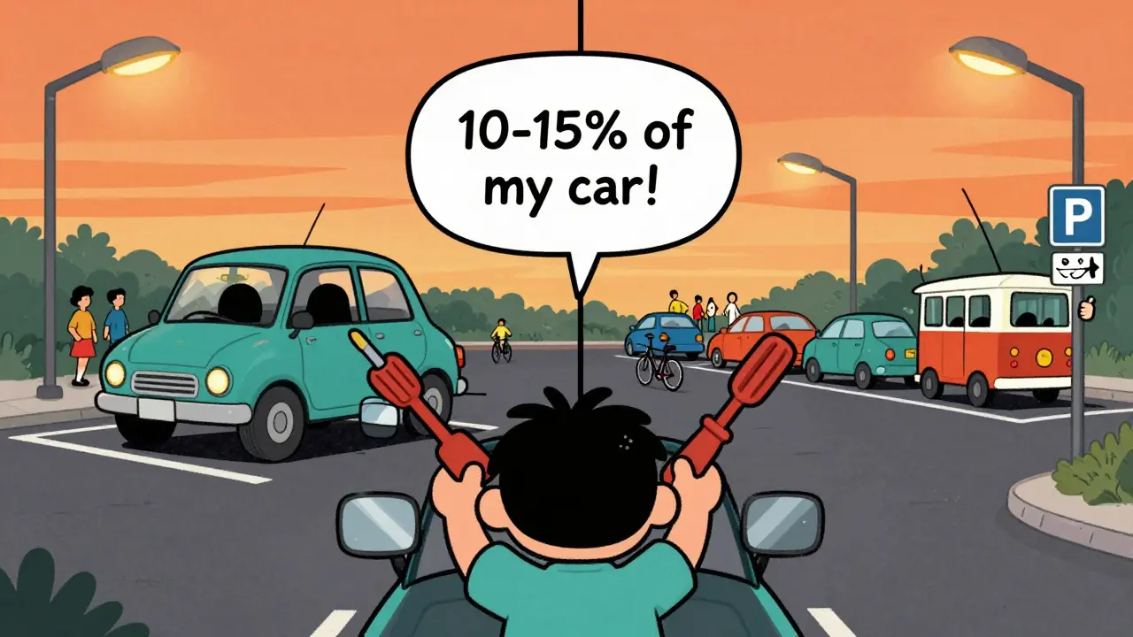 Новичок на парковке настраивает зеркала, а вокруг него показаны слепые зоны и видимые объекты в виде комиксных иллюстраций.