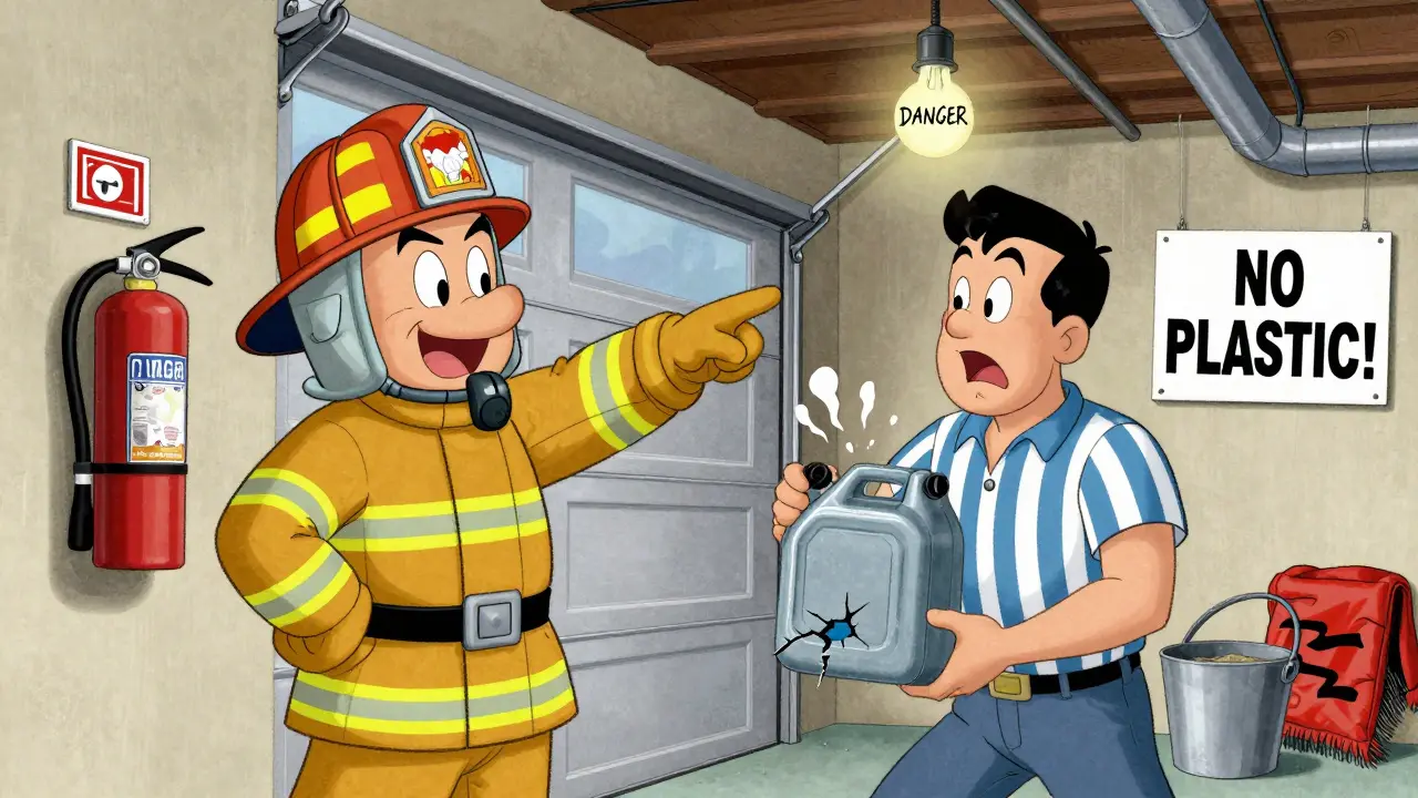 Пожарный указывает на огнетушитель на воротах, а мужчина держит трескающуюся пластиковую канистру.