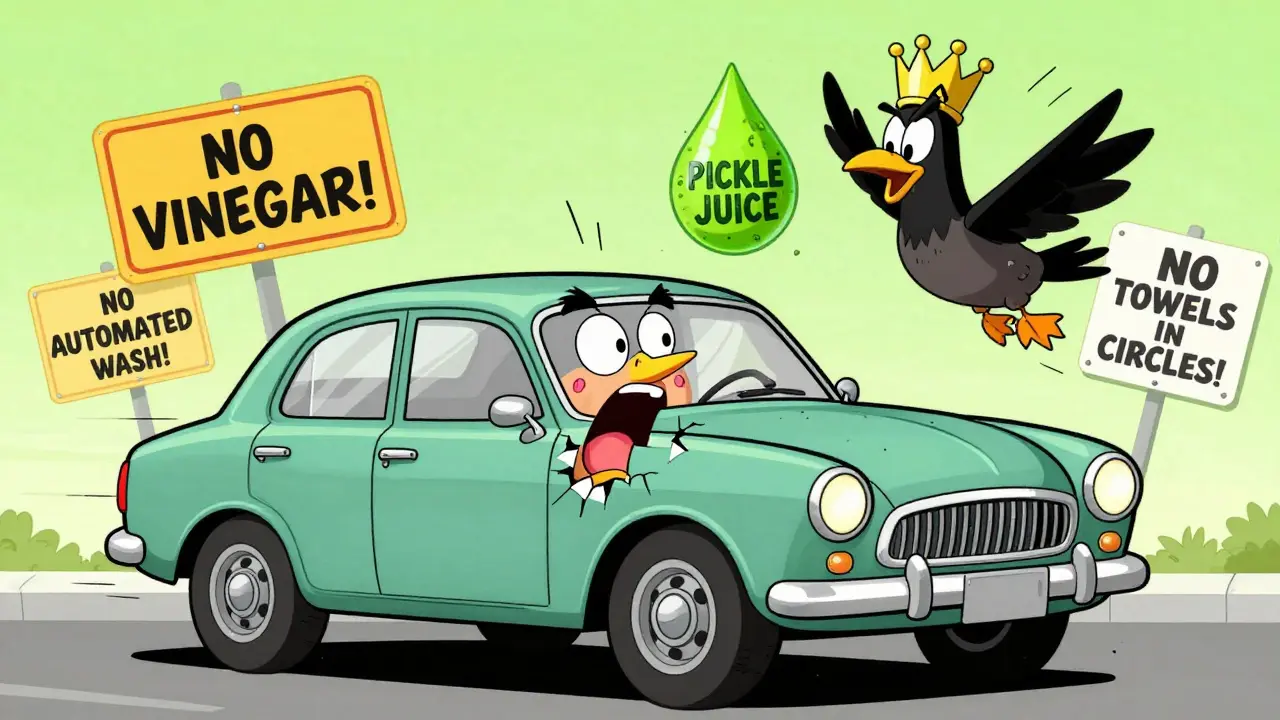 Птичий помёт атакует матовую поверхность автомобиля, вокруг — запрещающие знаки.