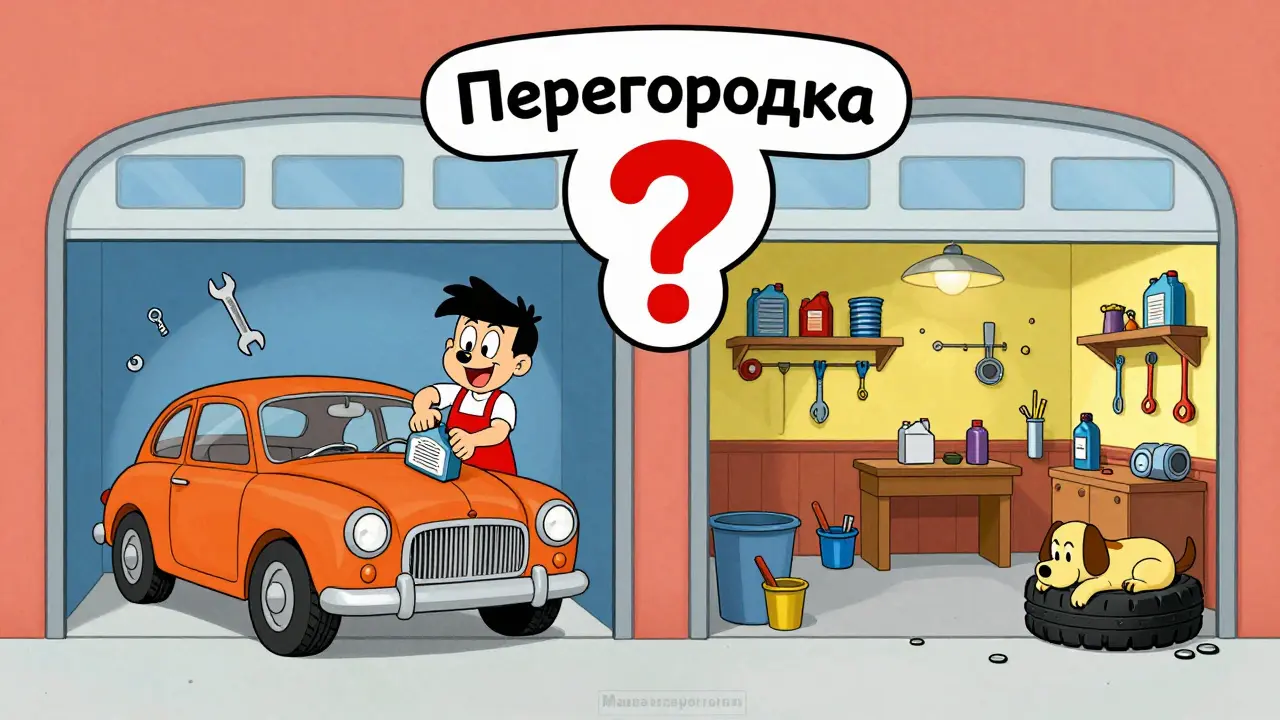 Разделённый гараж: один бокс — для машины с отоплением, второй — для мастерской с инструментами.