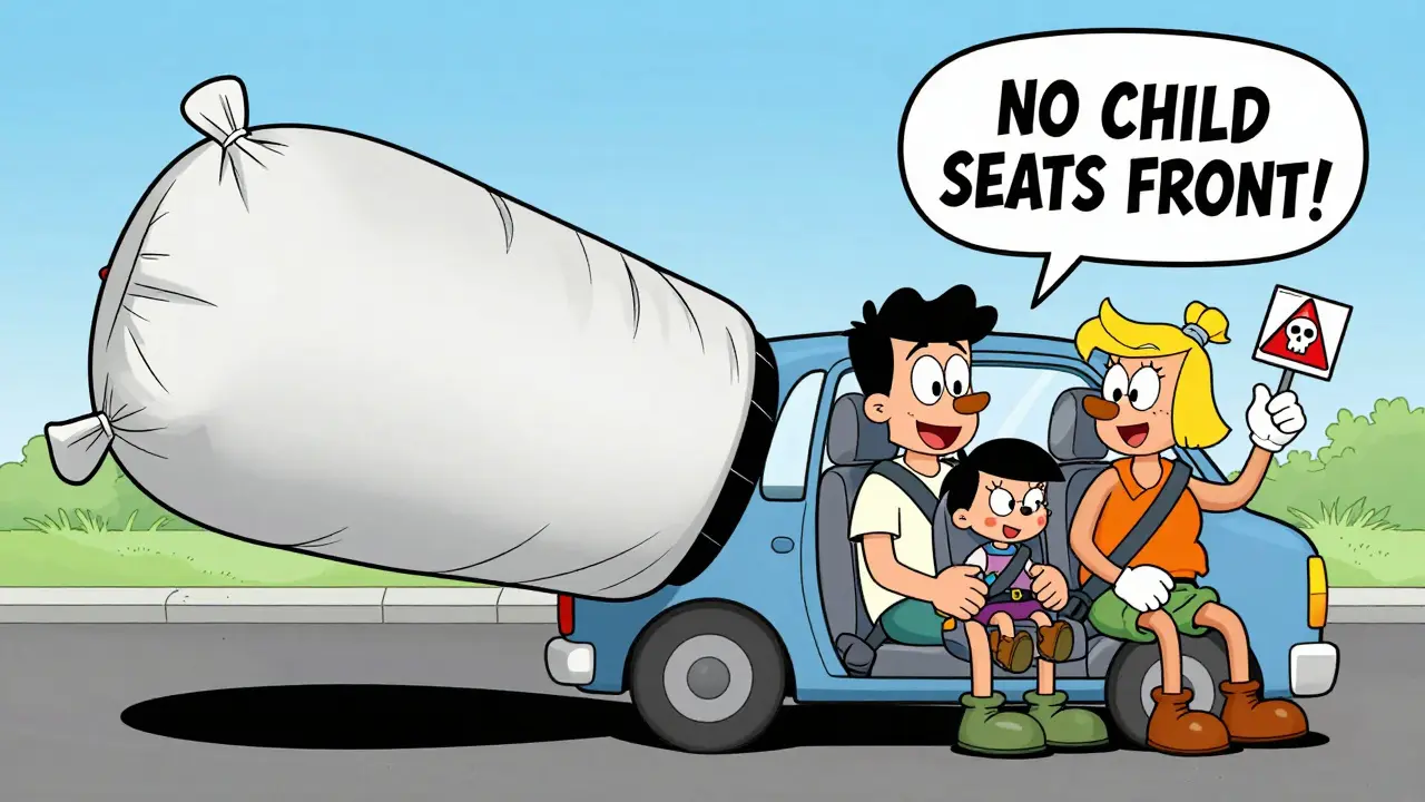Семья в машине, подушка безопасности надувается сбоку, над ребенком — предупреждающая надпись.