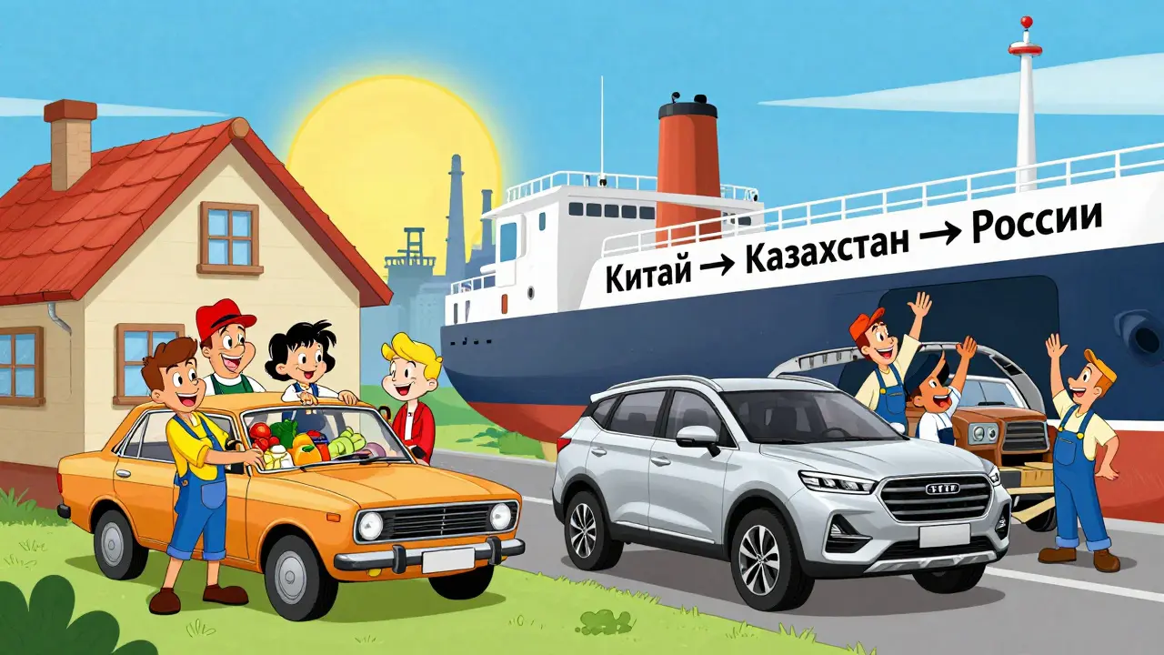 Семья загружает Lada Vesta, а китайские машины прибывают на корабле в стиле мультфильма Ханна-Барбера.